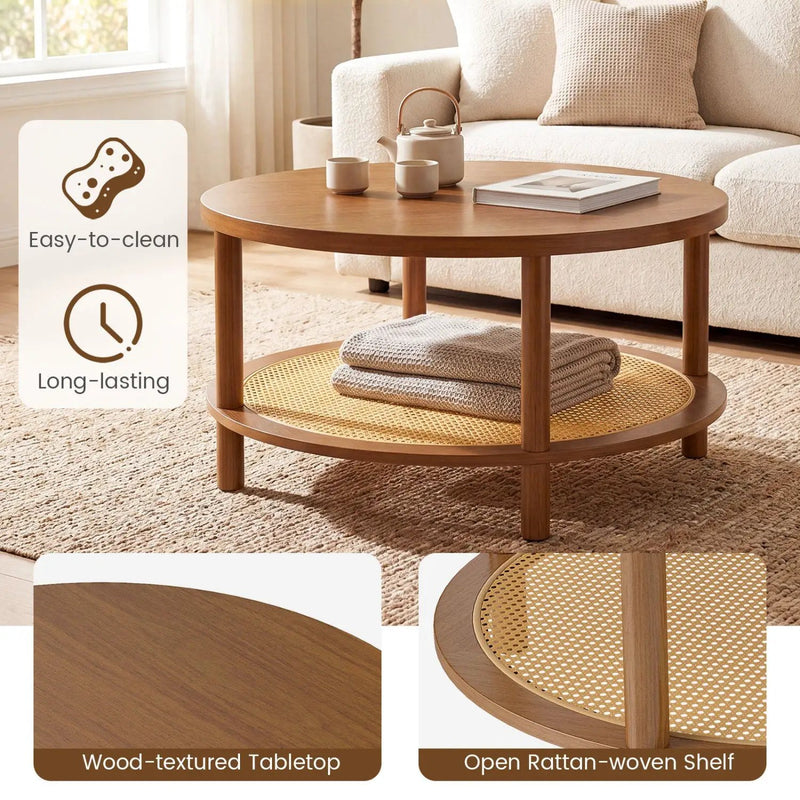 Round Rattan Coffee Table with Storage Shelf by DirectDeals