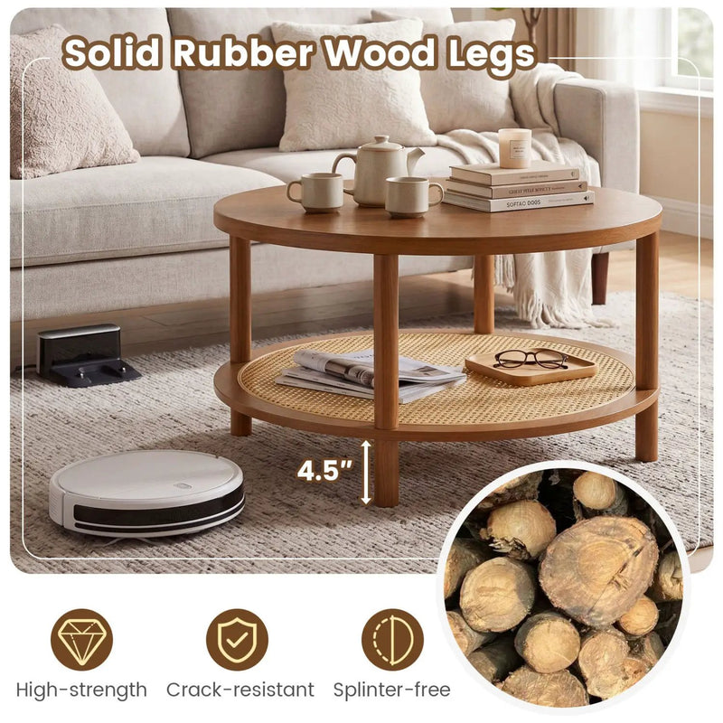Round Rattan Coffee Table with Storage Shelf by DirectDeals