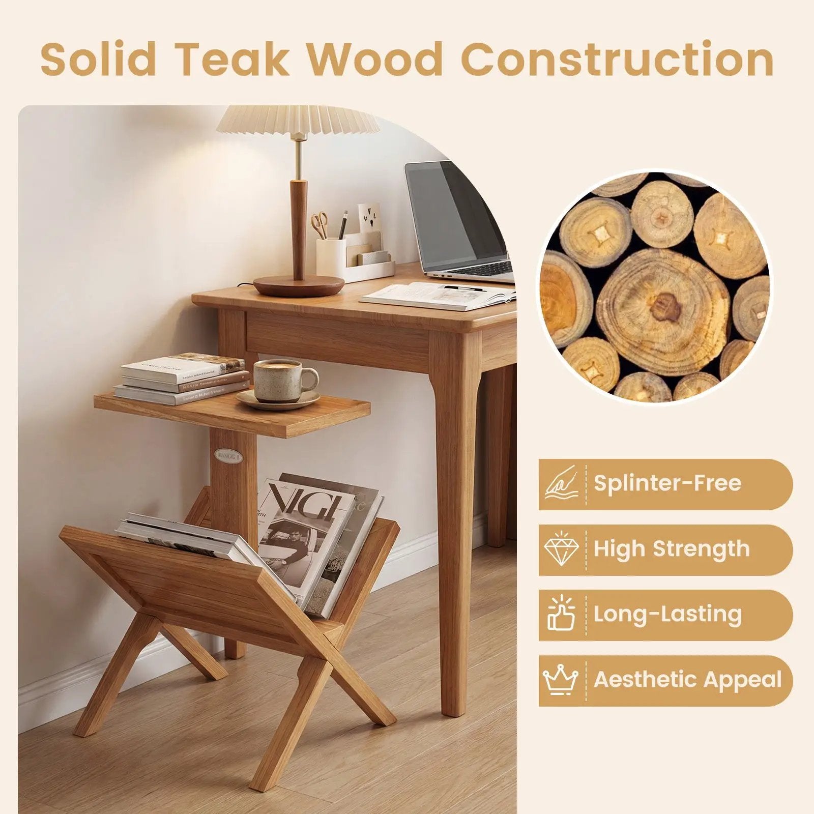 2-Tier Side Table Magazine Rack with Teak Wood Frame by DirectDeals