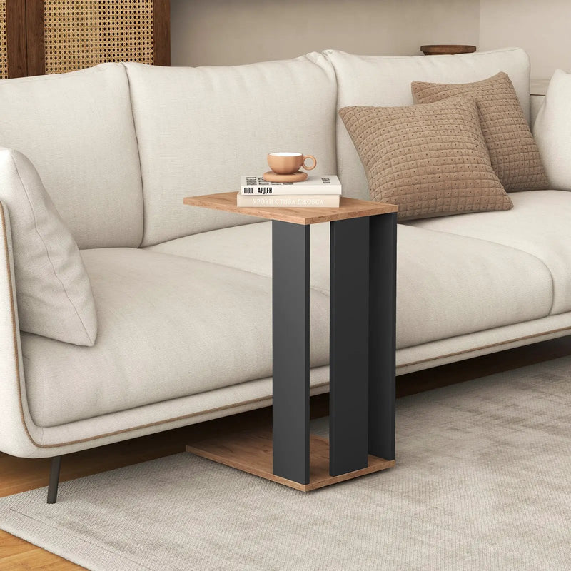 2-Tier C-Shaped Side Table with Universal Wheels and Shelf-Rustic Brown by DirectDeals