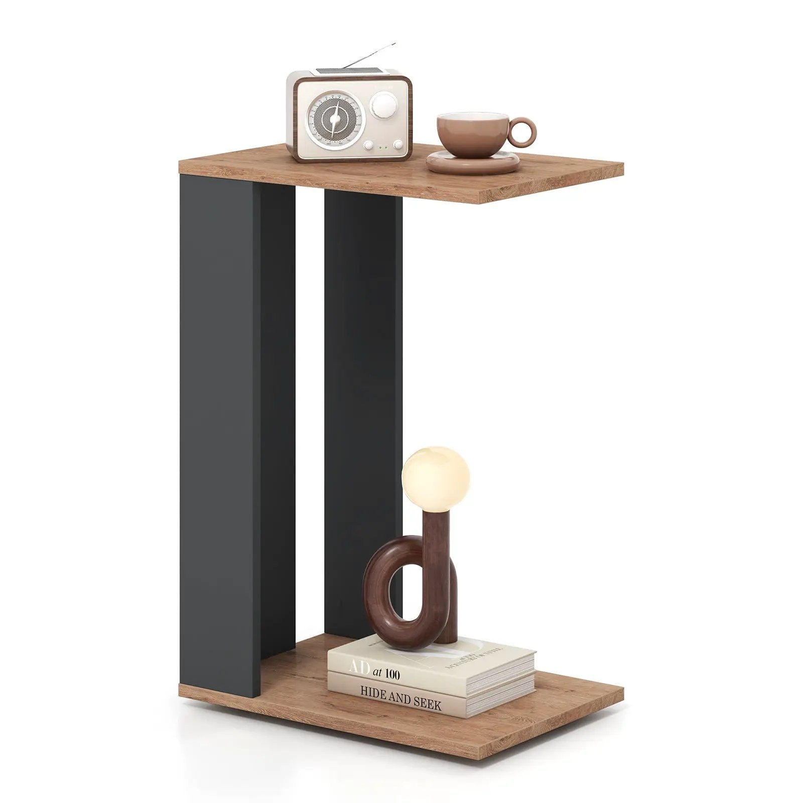 2-Tier C-Shaped Side Table with Universal Wheels and Shelf-Rustic Brown by DirectDeals