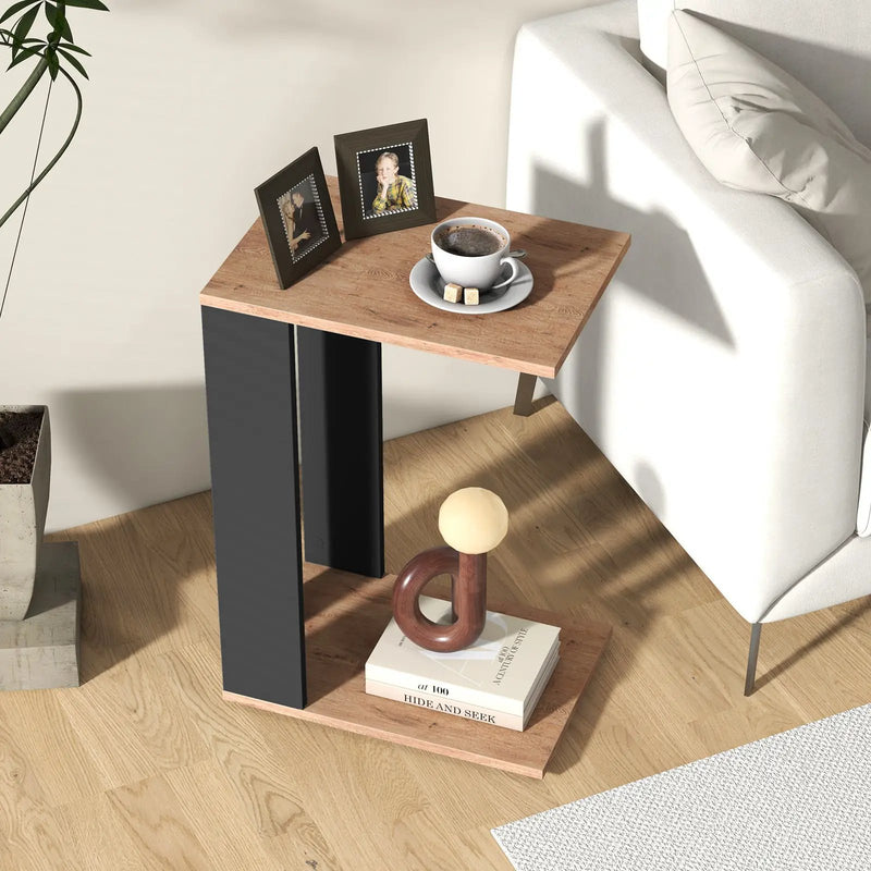 2-Tier C-Shaped Side Table with Universal Wheels and Shelf-Rustic Brown by DirectDeals