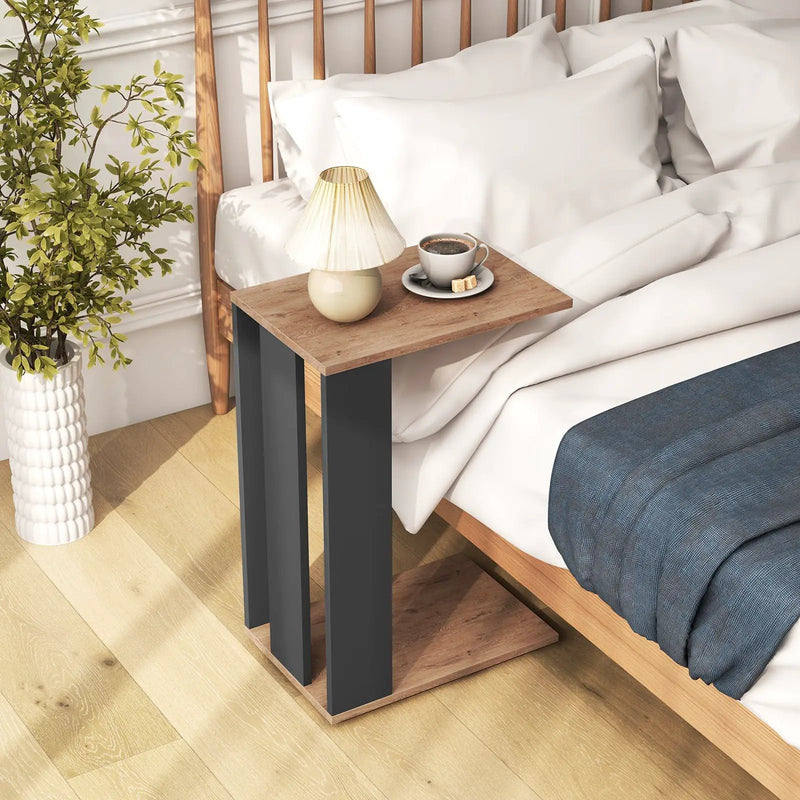 2-Tier C-Shaped Side Table with Universal Wheels and Shelf-Rustic Brown by DirectDeals