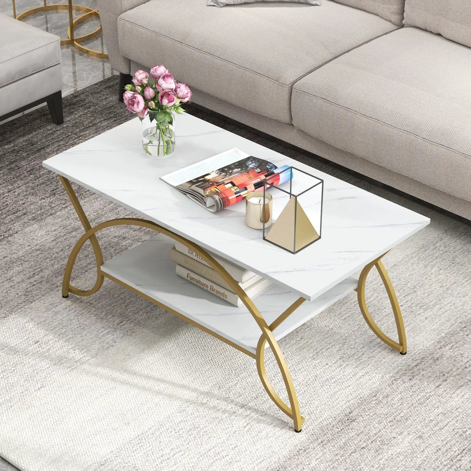 2-Tier Rectangle Coffee Table with Marble Pattern Top by DirectDeals