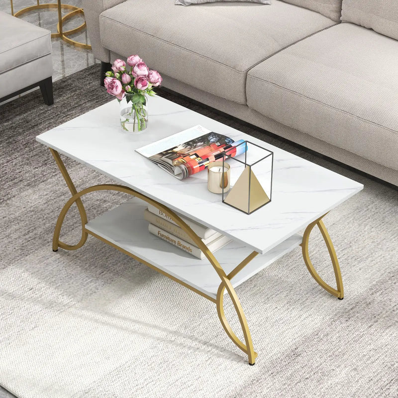 2-Tier Rectangle Coffee Table with Marble Pattern Top by DirectDeals