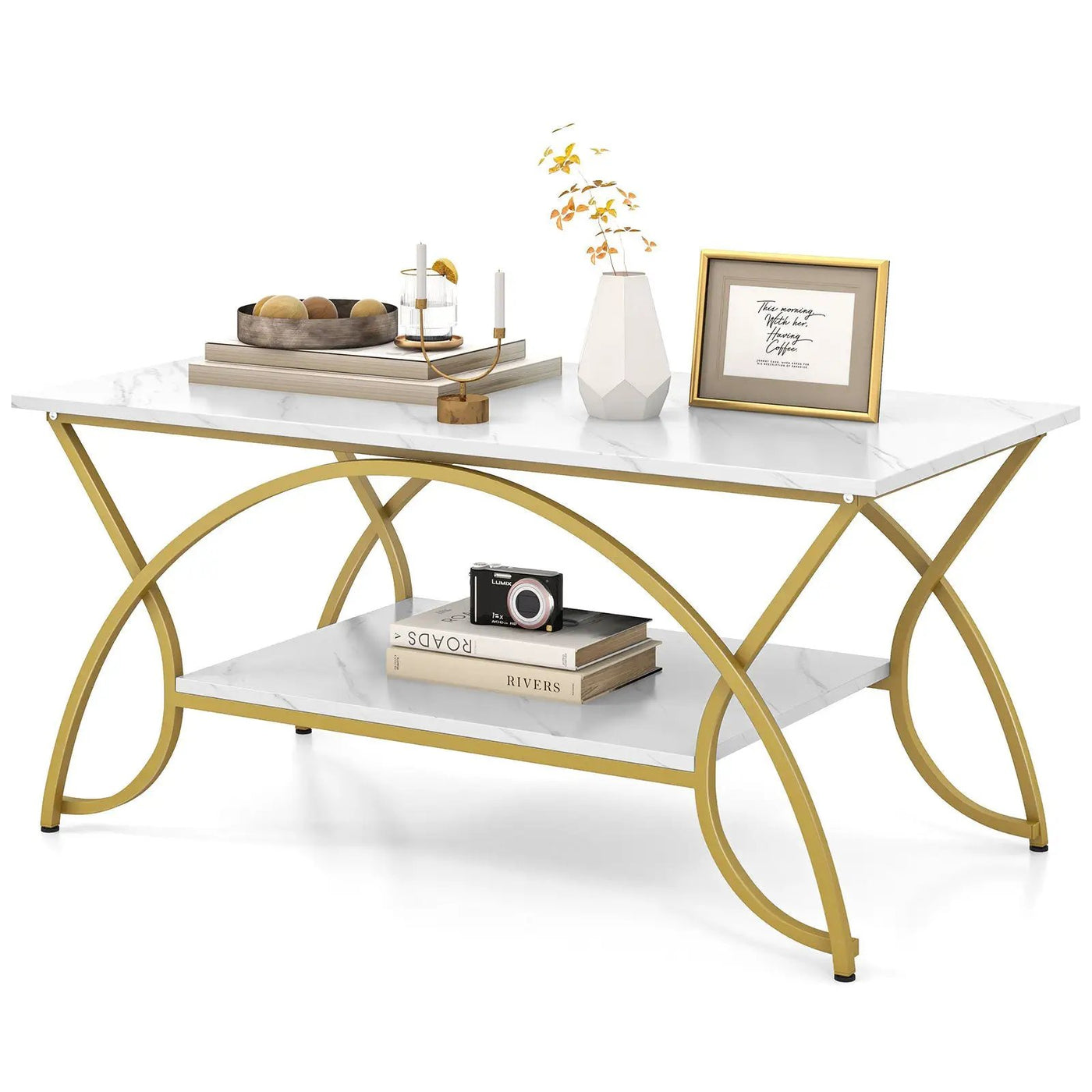 2-Tier Rectangle Coffee Table with Marble Pattern Top by DirectDeals