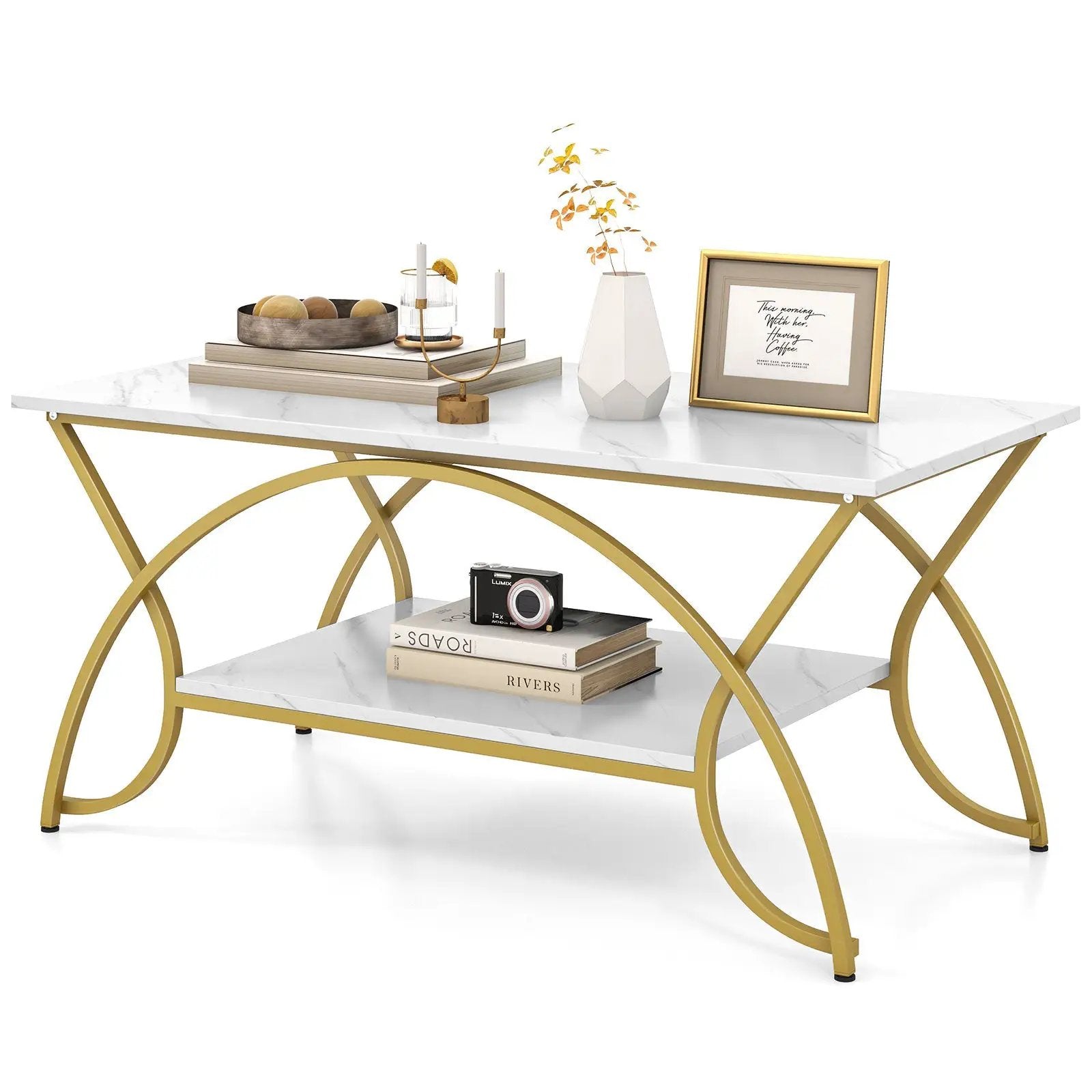2-Tier Rectangle Coffee Table with Marble Pattern Top by DirectDeals