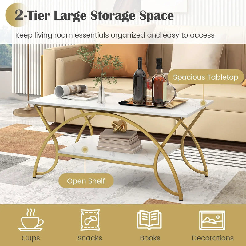 2-Tier Rectangle Coffee Table with Marble Pattern Top by DirectDeals