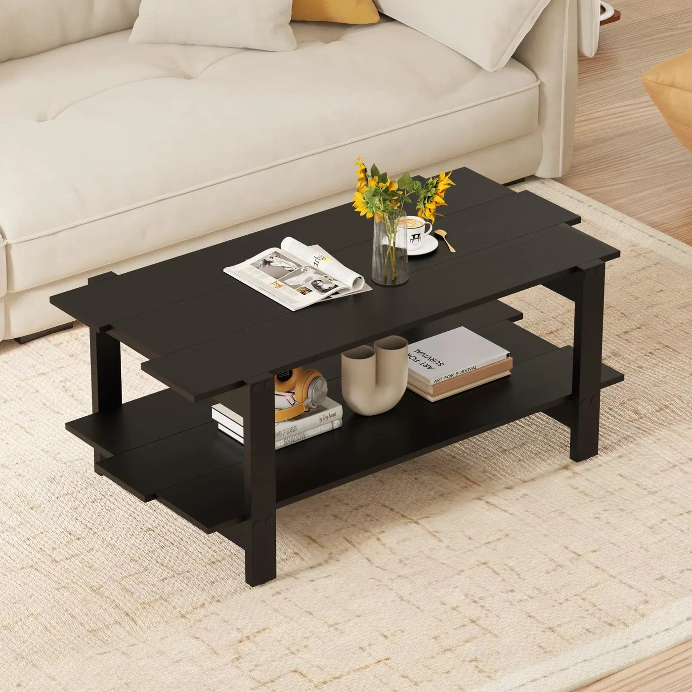 2-Tier Coffee Table Slatted Wood Center Table with Storage Shelf by DirectDeals