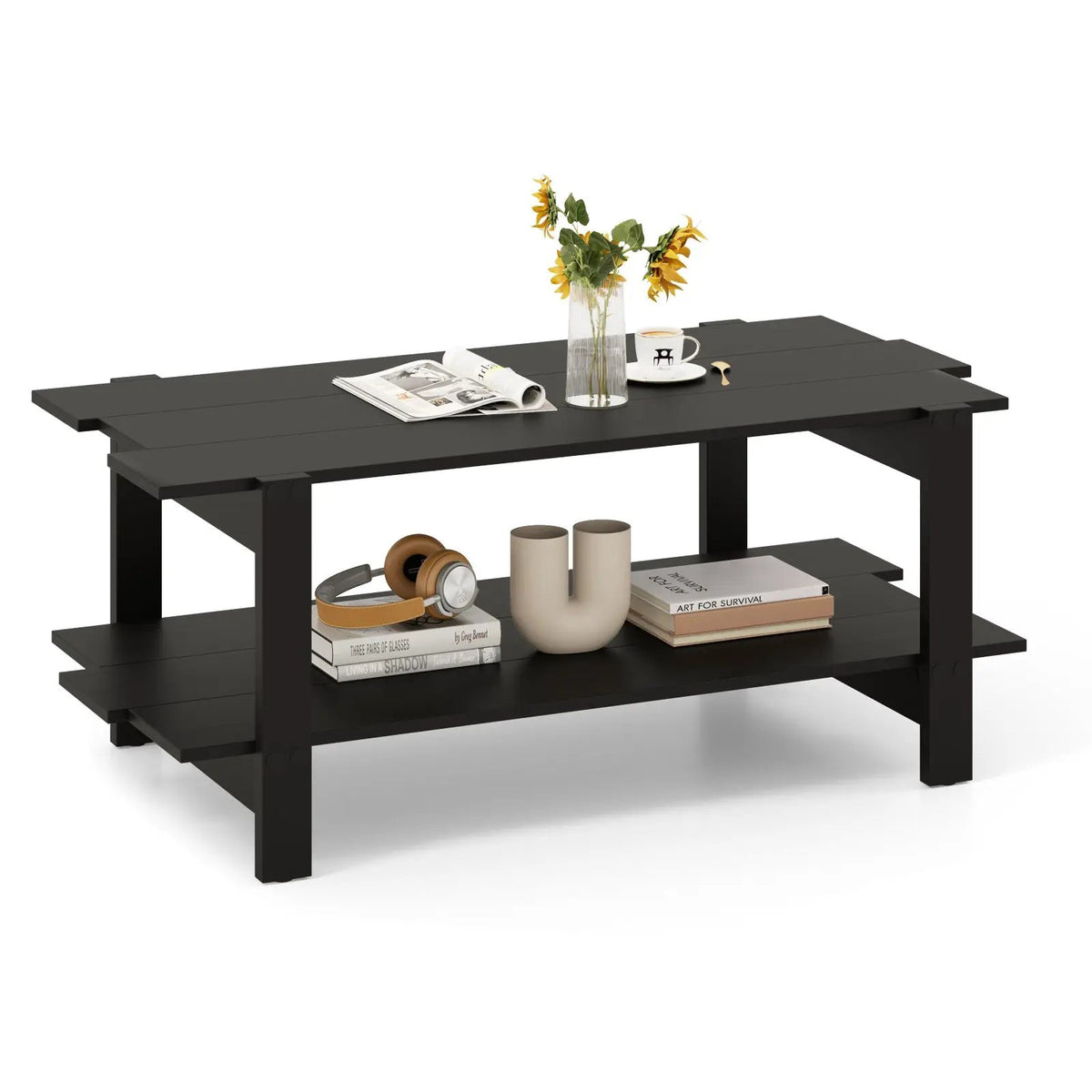 2-Tier Coffee Table Slatted Wood Center Table with Storage Shelf by DirectDeals