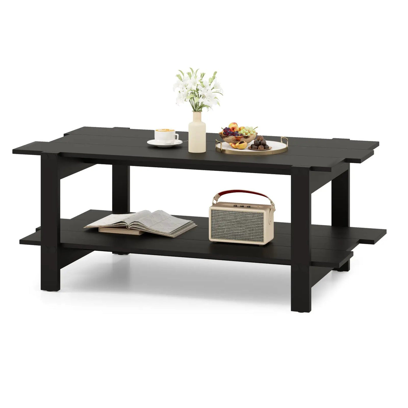 2-Tier Coffee Table Slatted Wood Center Table with Storage Shelf by DirectDeals