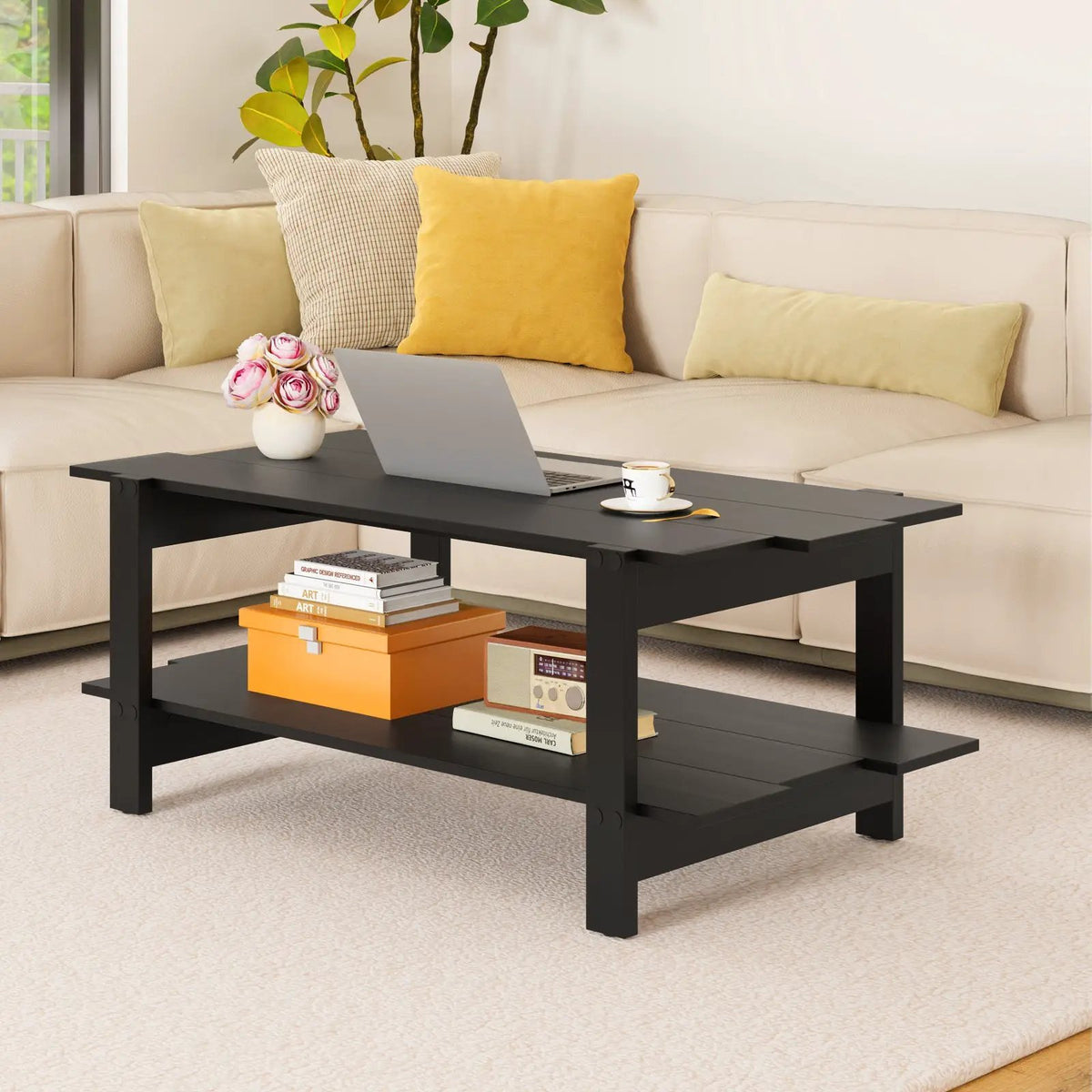 2-Tier Coffee Table Slatted Wood Center Table with Storage Shelf by DirectDeals