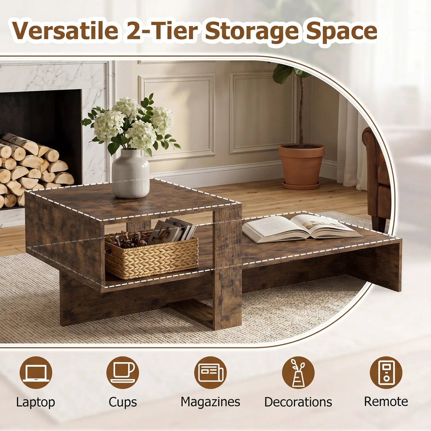 2-Tier Coffee Table with Open Storage Shelf by DirectDeals