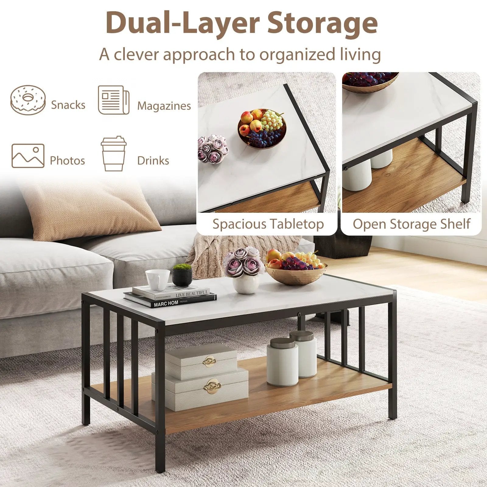 2 Tier Coffee Table with Sintered Stone Tabletop-White by DirectDeals