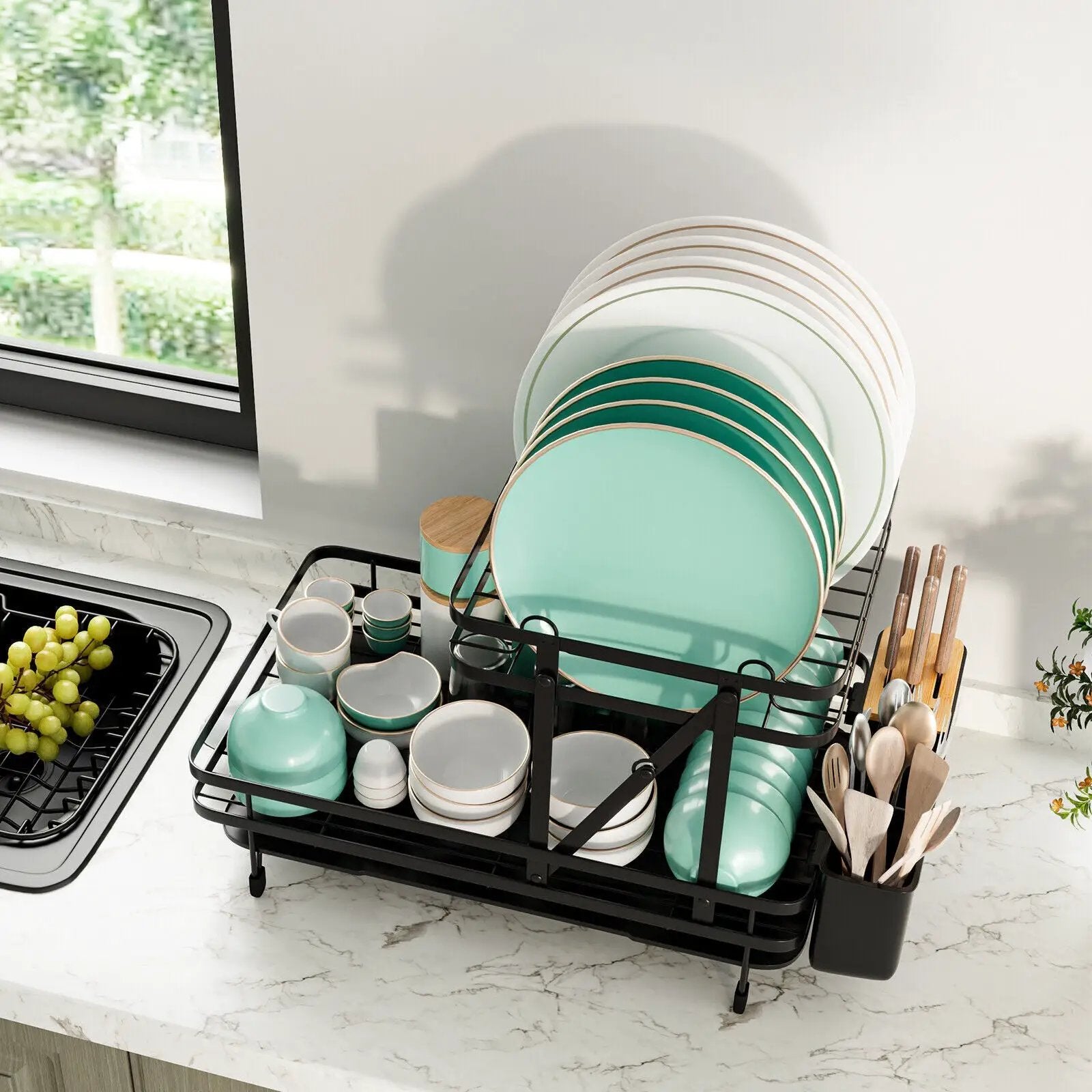 2-Tier Collapsible Dish Rack with Removable Drip Tray by DirectDeals