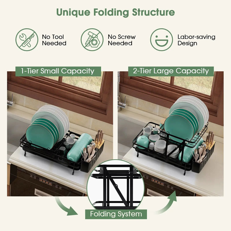2-Tier Collapsible Dish Rack with Removable Drip Tray by DirectDeals
