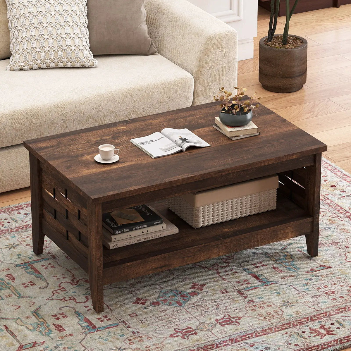 2-Tier Farmhouse Coffee Table with Open Shelf and Woven Decorations for Living Room by DirectDeals