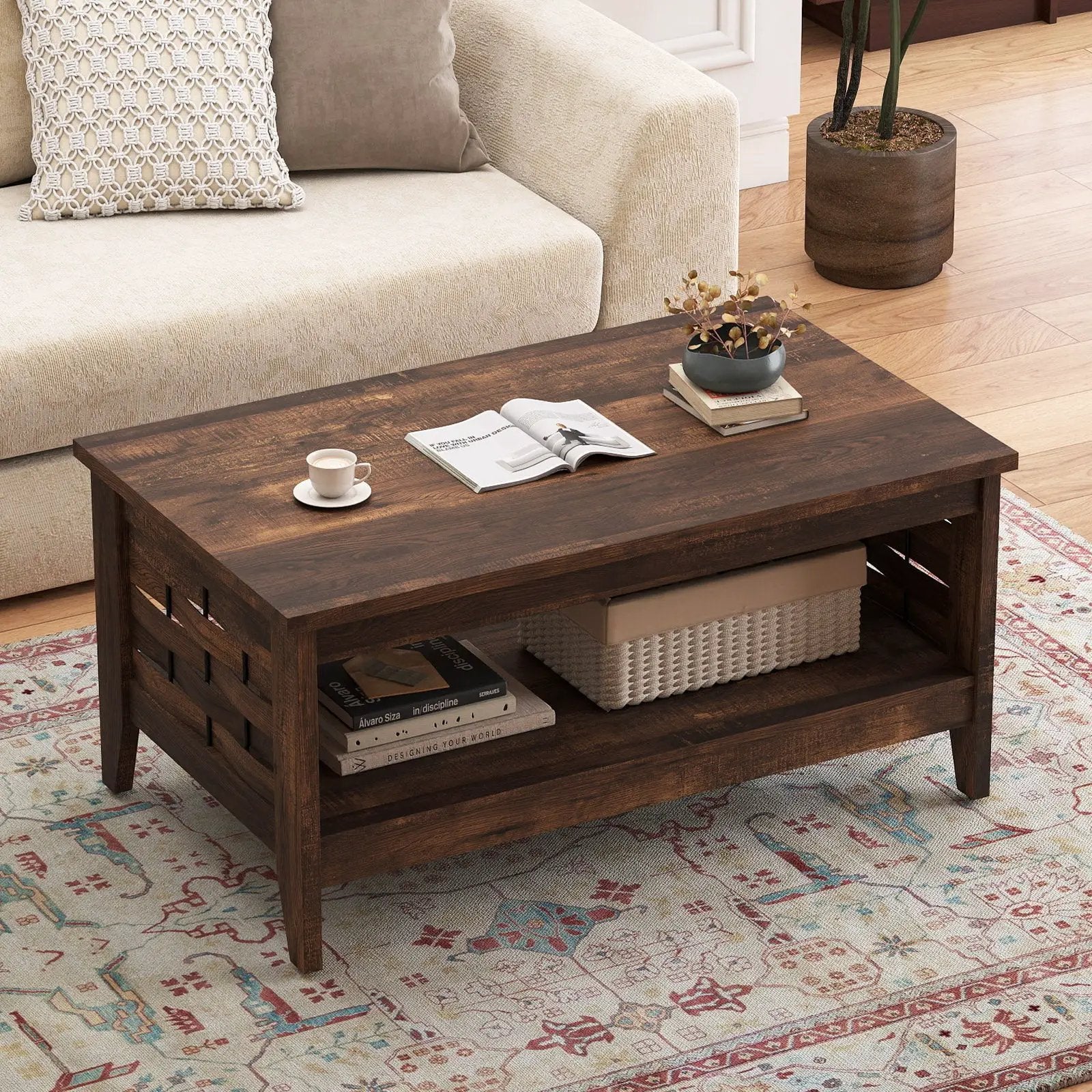 2-Tier Farmhouse Coffee Table with Open Shelf and Woven Decorations for Living Room by DirectDeals