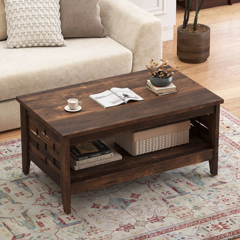 2-Tier Farmhouse Coffee Table with Open Shelf and Woven Decorations for Living Room by DirectDeals