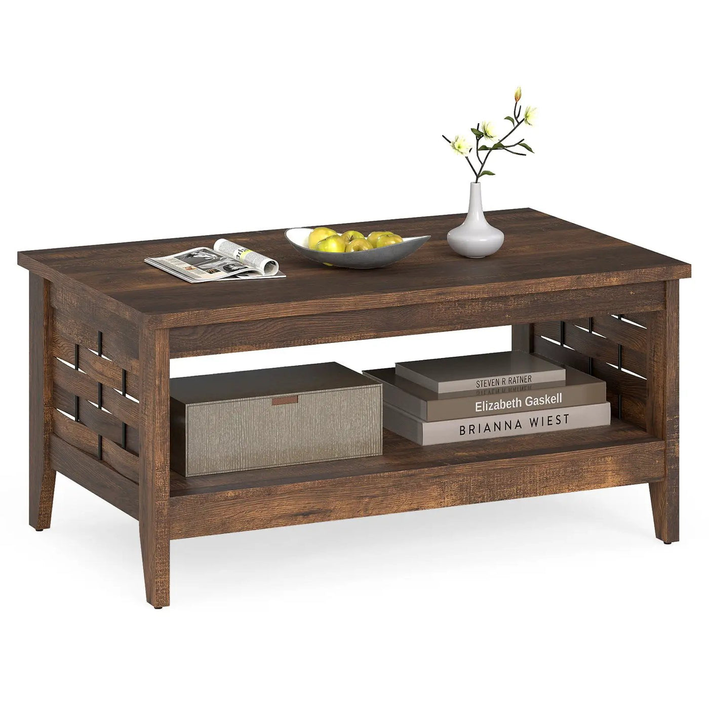 2-Tier Farmhouse Coffee Table with Open Shelf and Woven Decorations for Living Room by DirectDeals