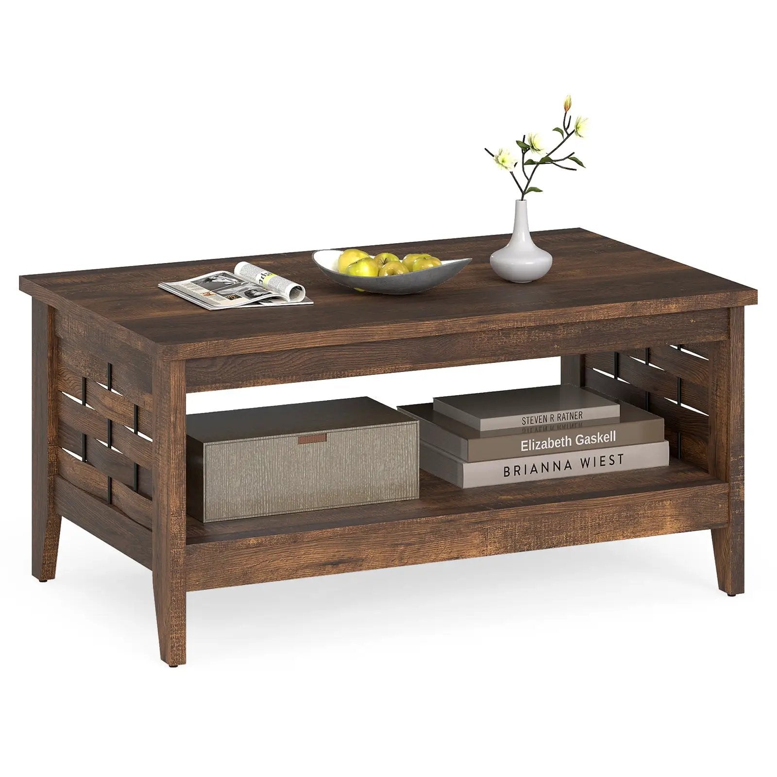 2-Tier Farmhouse Coffee Table with Open Shelf and Woven Decorations for Living Room by DirectDeals