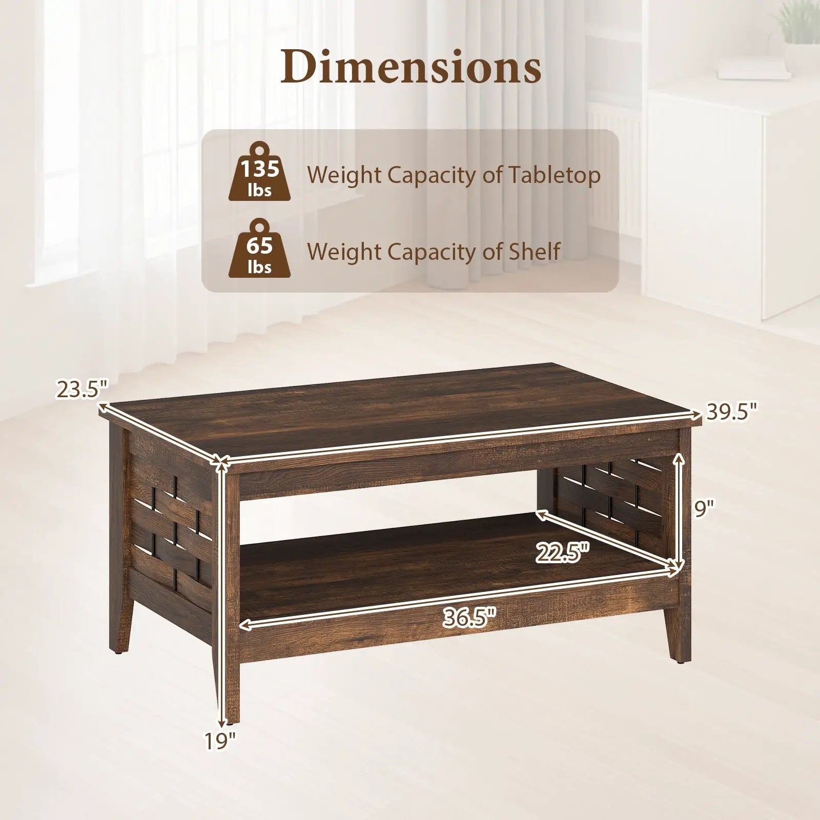 2-Tier Farmhouse Coffee Table with Open Shelf and Woven Decorations for Living Room by DirectDeals