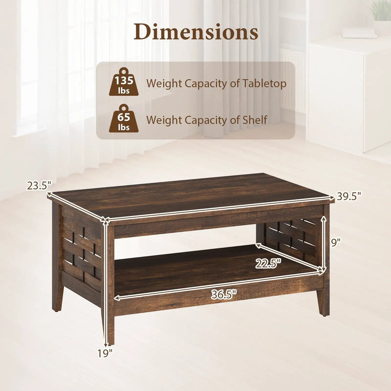 2-Tier Farmhouse Coffee Table with Open Shelf and Woven Decorations for Living Room by DirectDeals