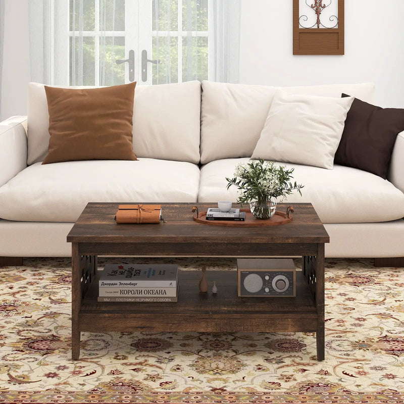 2-Tier Farmhouse Coffee Table with Open Shelf and Woven Decorations for Living Room by DirectDeals