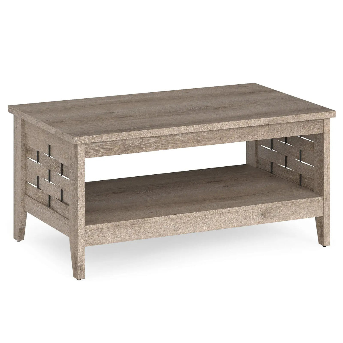 2-Tier Farmhouse Coffee Table with Open Shelf and Woven Decorations for Living Room by DirectDeals