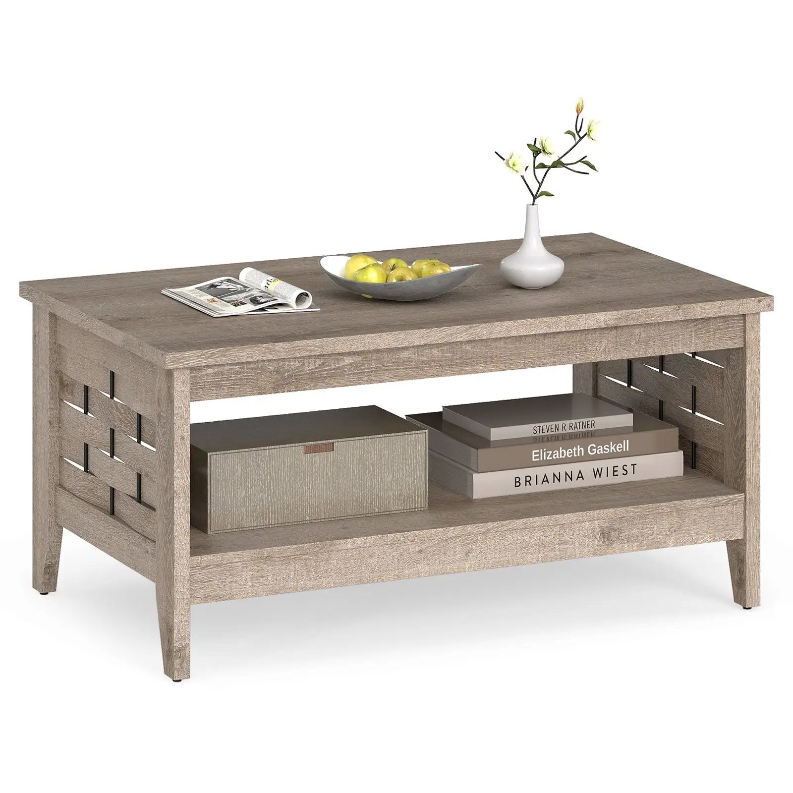 2-Tier Farmhouse Coffee Table with Open Shelf and Woven Decorations for Living Room by DirectDeals