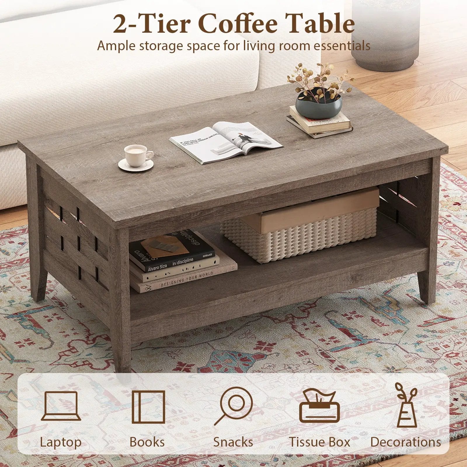 2-Tier Farmhouse Coffee Table with Open Shelf and Woven Decorations for Living Room by DirectDeals