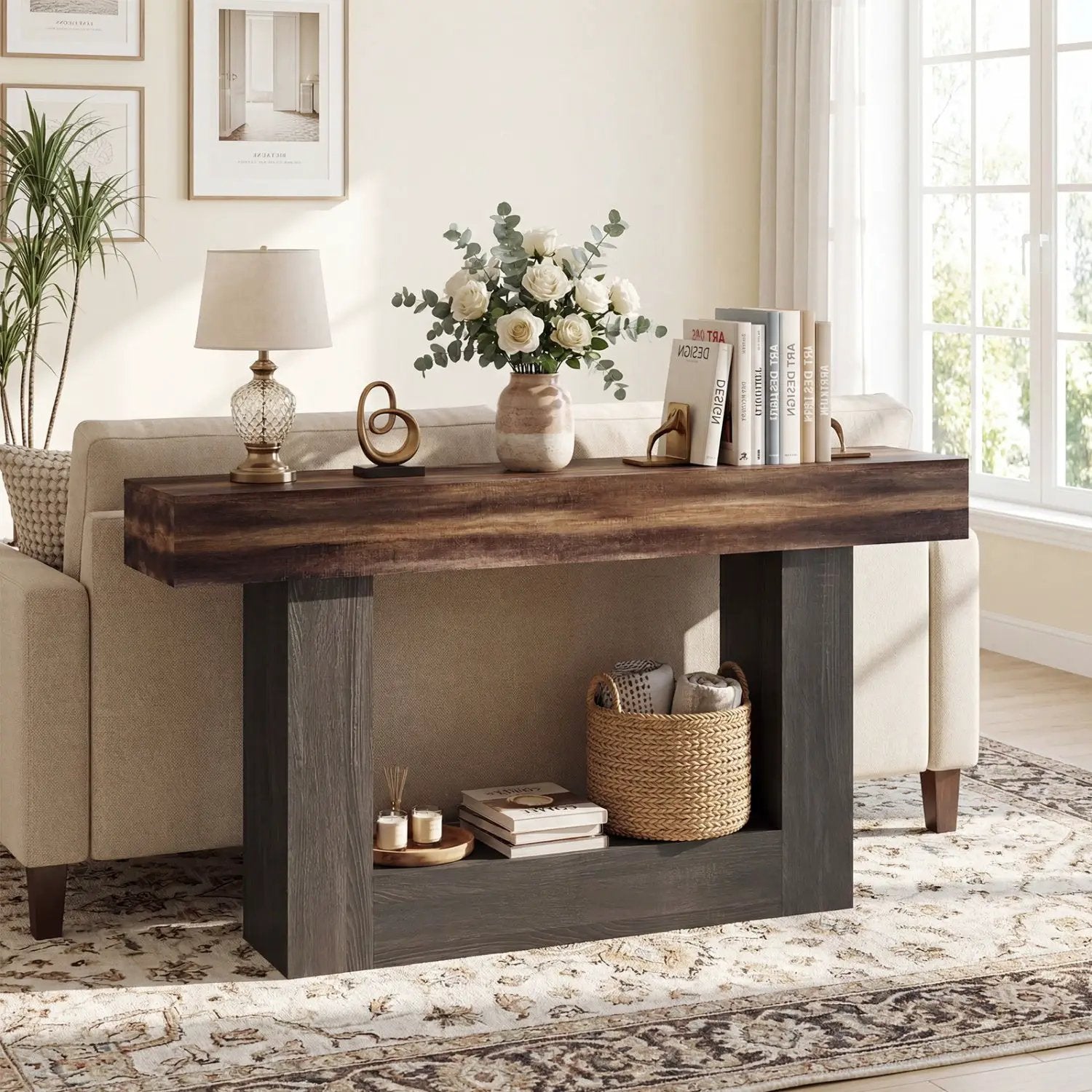 2-Tier Farmhouse Console Table 63" Long with Storage Shelf by DirectDeals