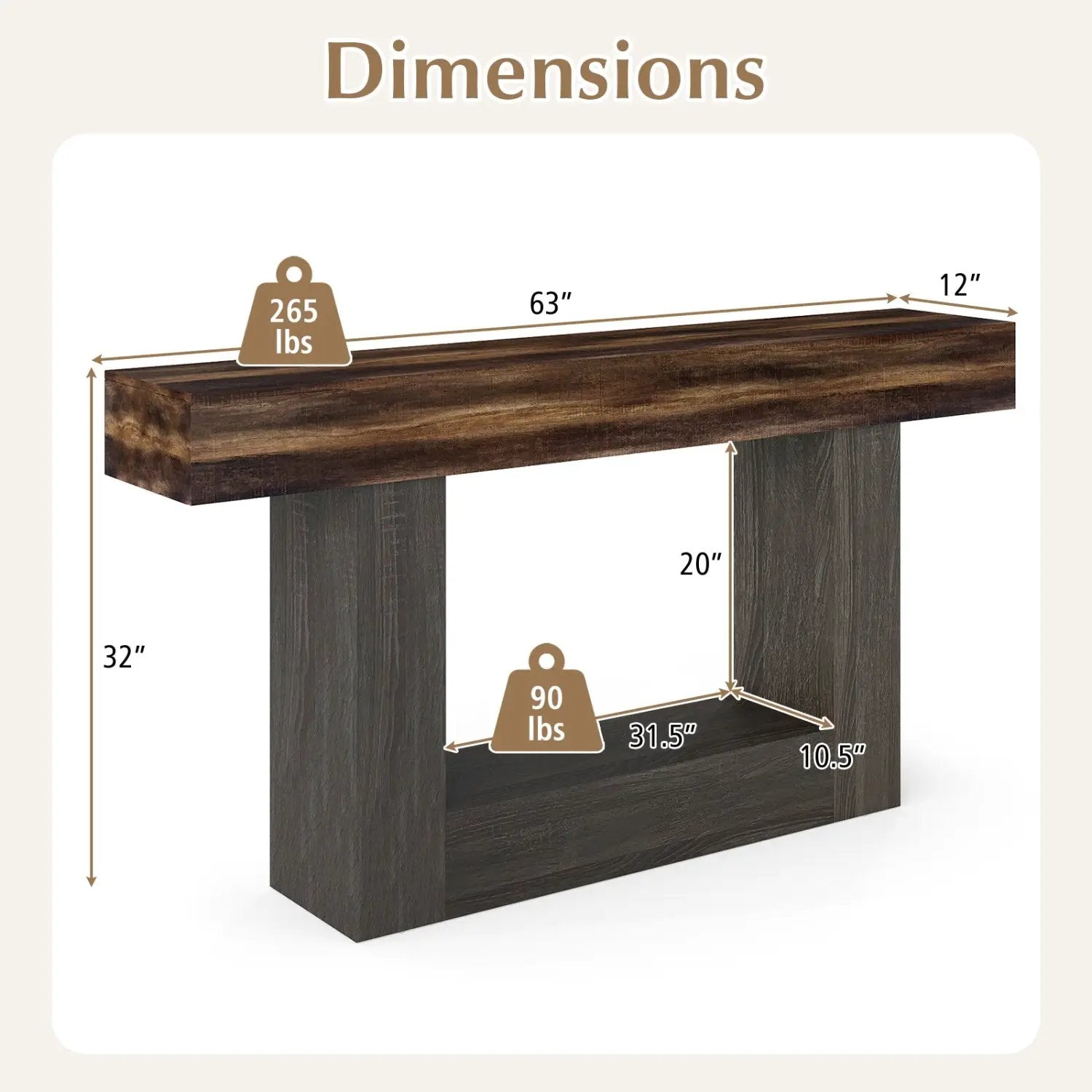 2-Tier Farmhouse Console Table 63" Long with Storage Shelf by DirectDeals
