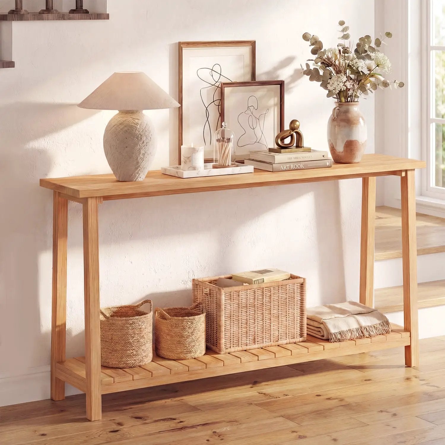 2-Tier Farmhouse Sofa Table with Teak Wood Frame and Storage Shelf by DirectDeals