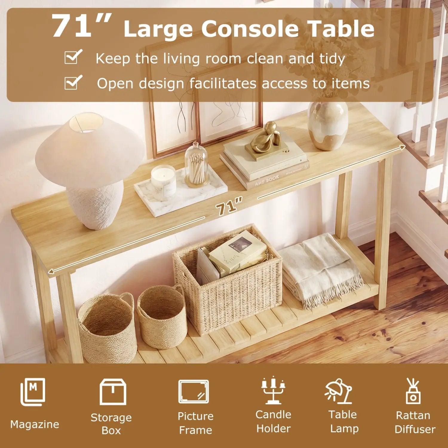 2-Tier Farmhouse Sofa Table with Teak Wood Frame and Storage Shelf by DirectDeals
