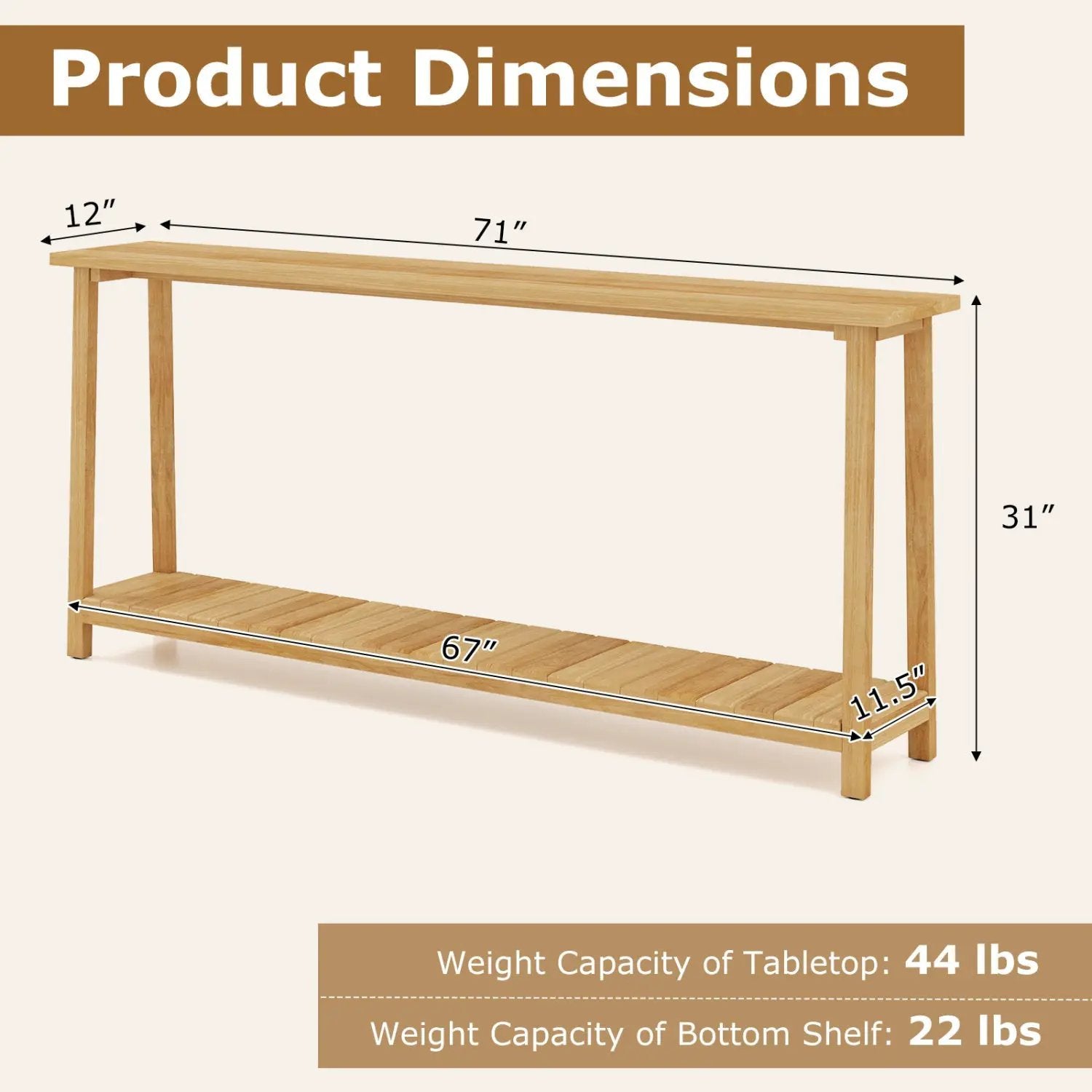 2-Tier Farmhouse Sofa Table with Teak Wood Frame and Storage Shelf by DirectDeals