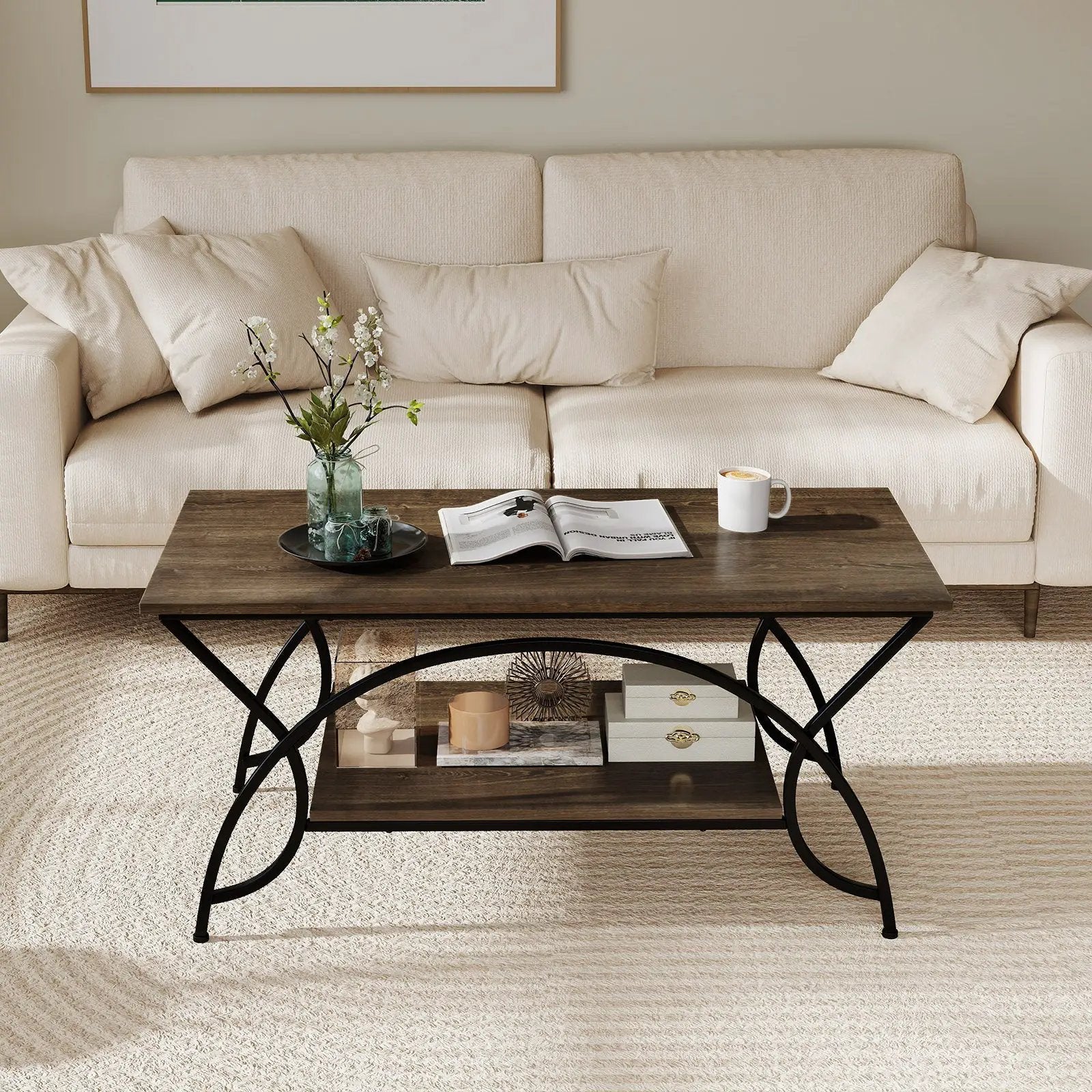 2-Tier Rectangle Coffee Table with Marble Pattern Top by DirectDeals