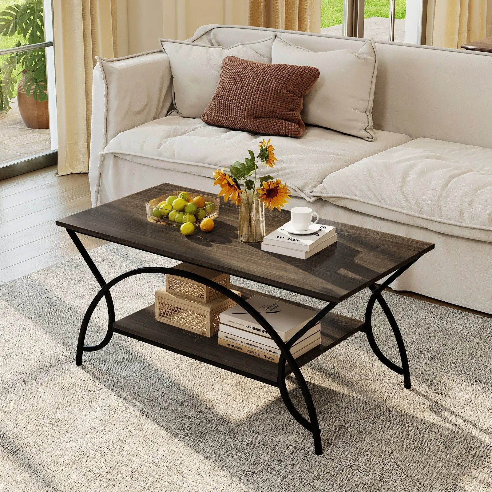 2-Tier Rectangle Coffee Table with Marble Pattern Top by DirectDeals