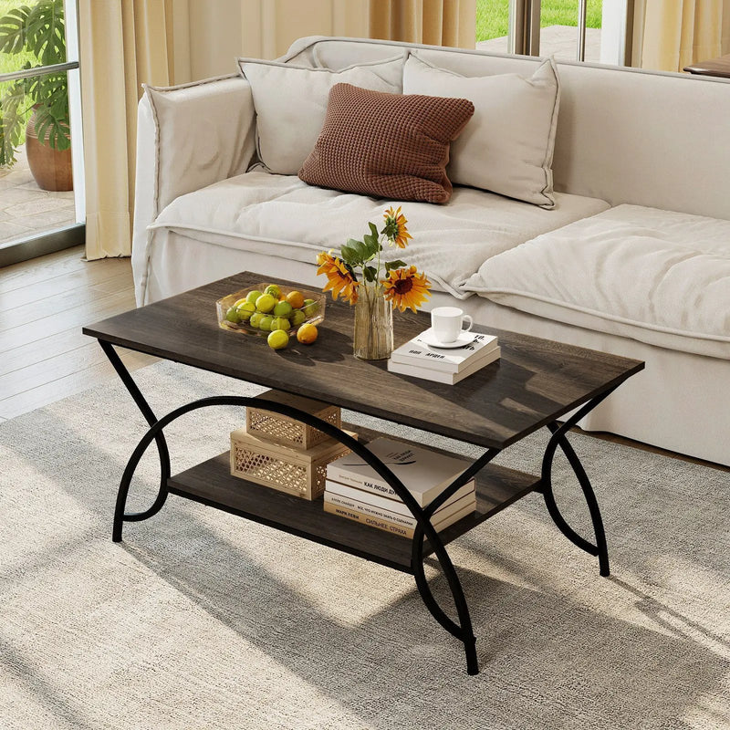 2-Tier Rectangle Coffee Table with Marble Pattern Top by DirectDeals