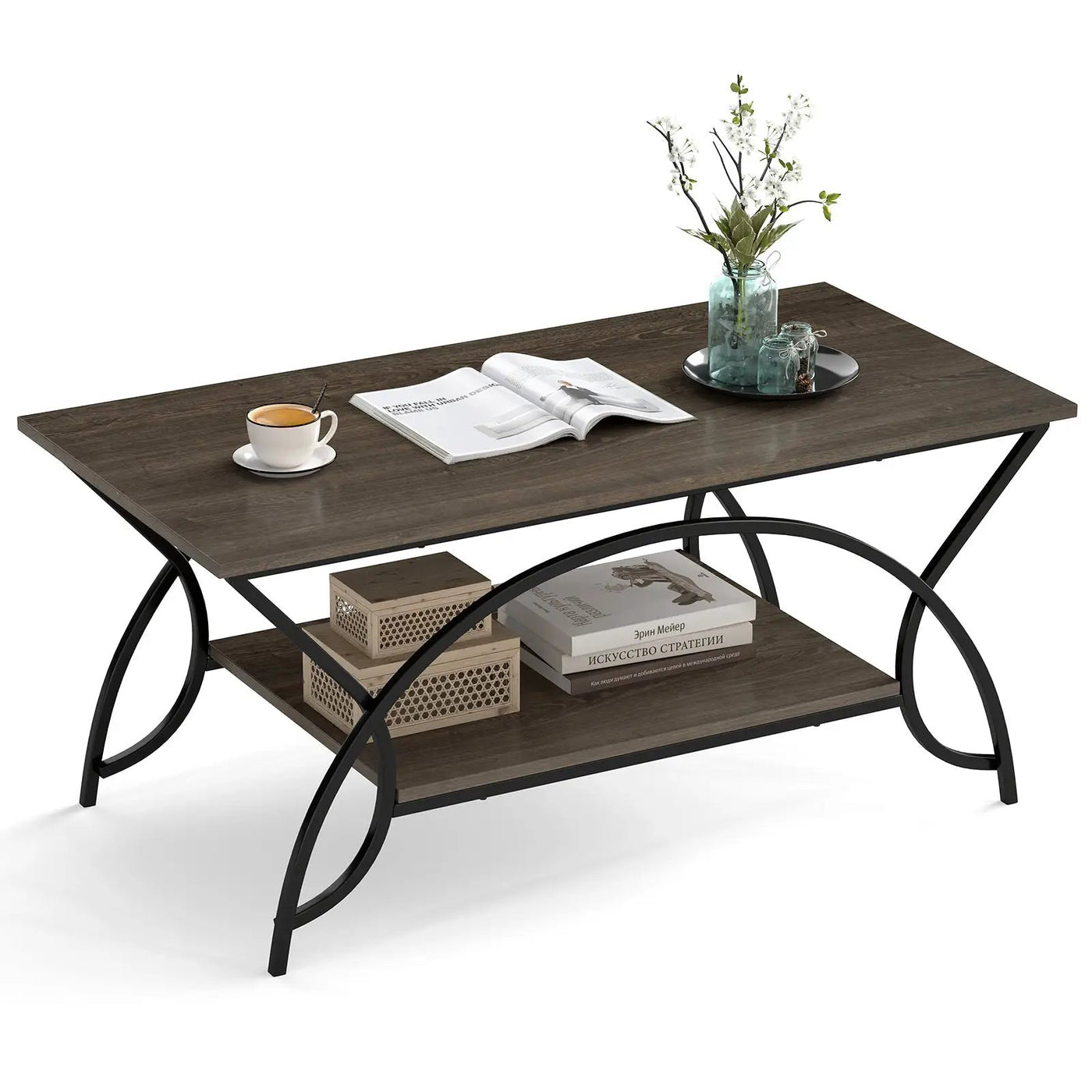 2-Tier Rectangle Coffee Table with Marble Pattern Top by DirectDeals