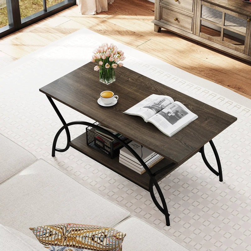 2-Tier Rectangle Coffee Table with Marble Pattern Top by DirectDeals