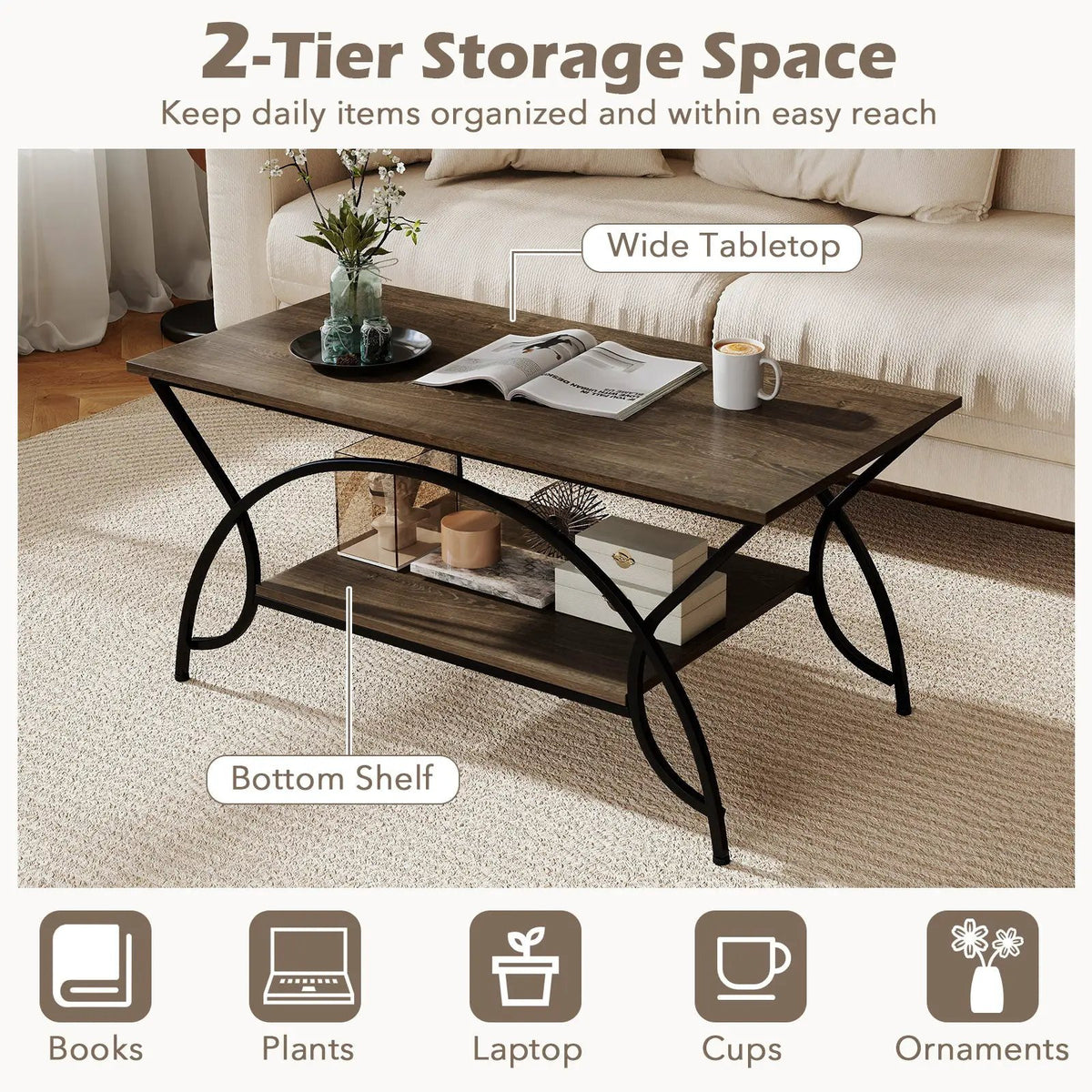 2-Tier Rectangle Coffee Table with Marble Pattern Top by DirectDeals