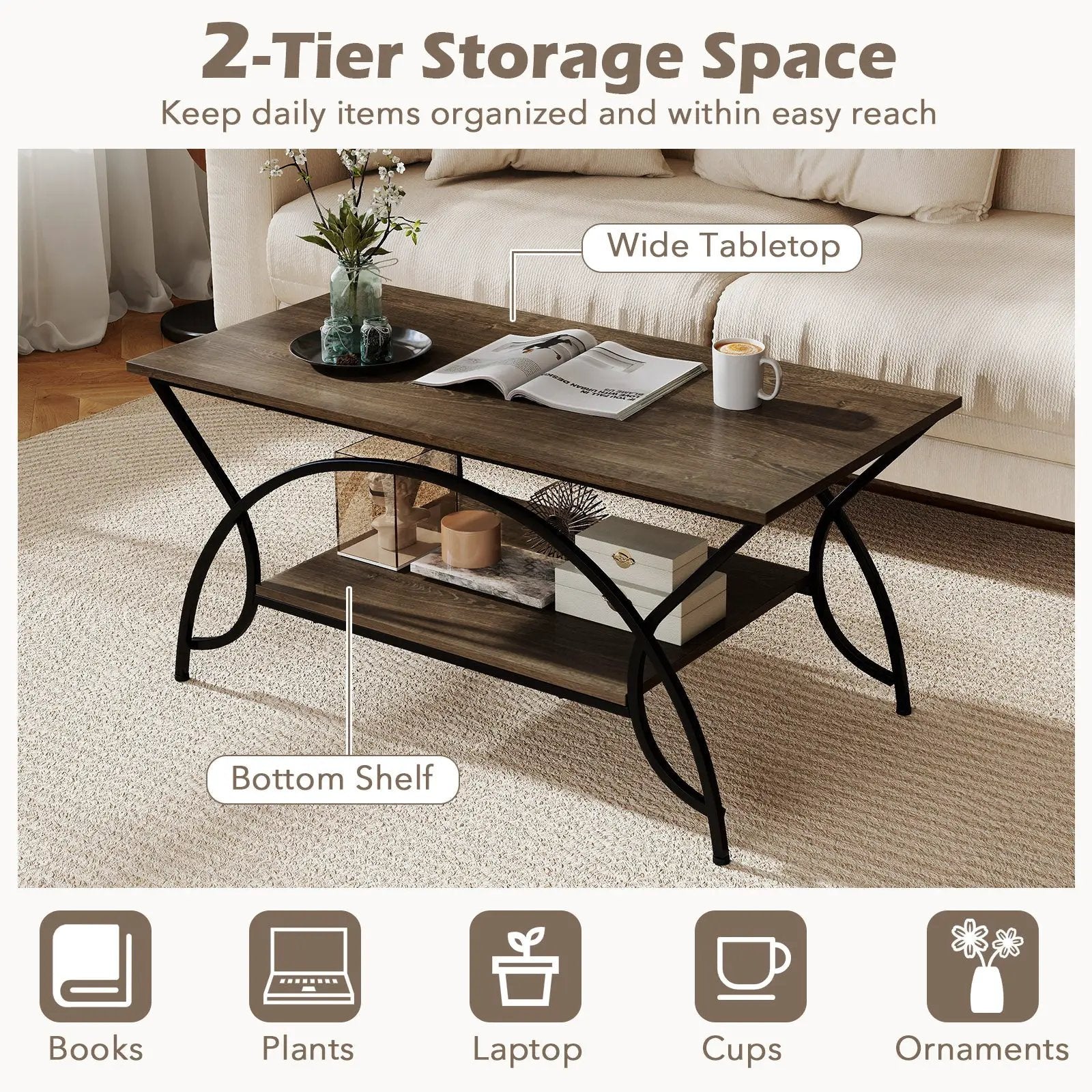 2-Tier Rectangle Coffee Table with Marble Pattern Top by DirectDeals