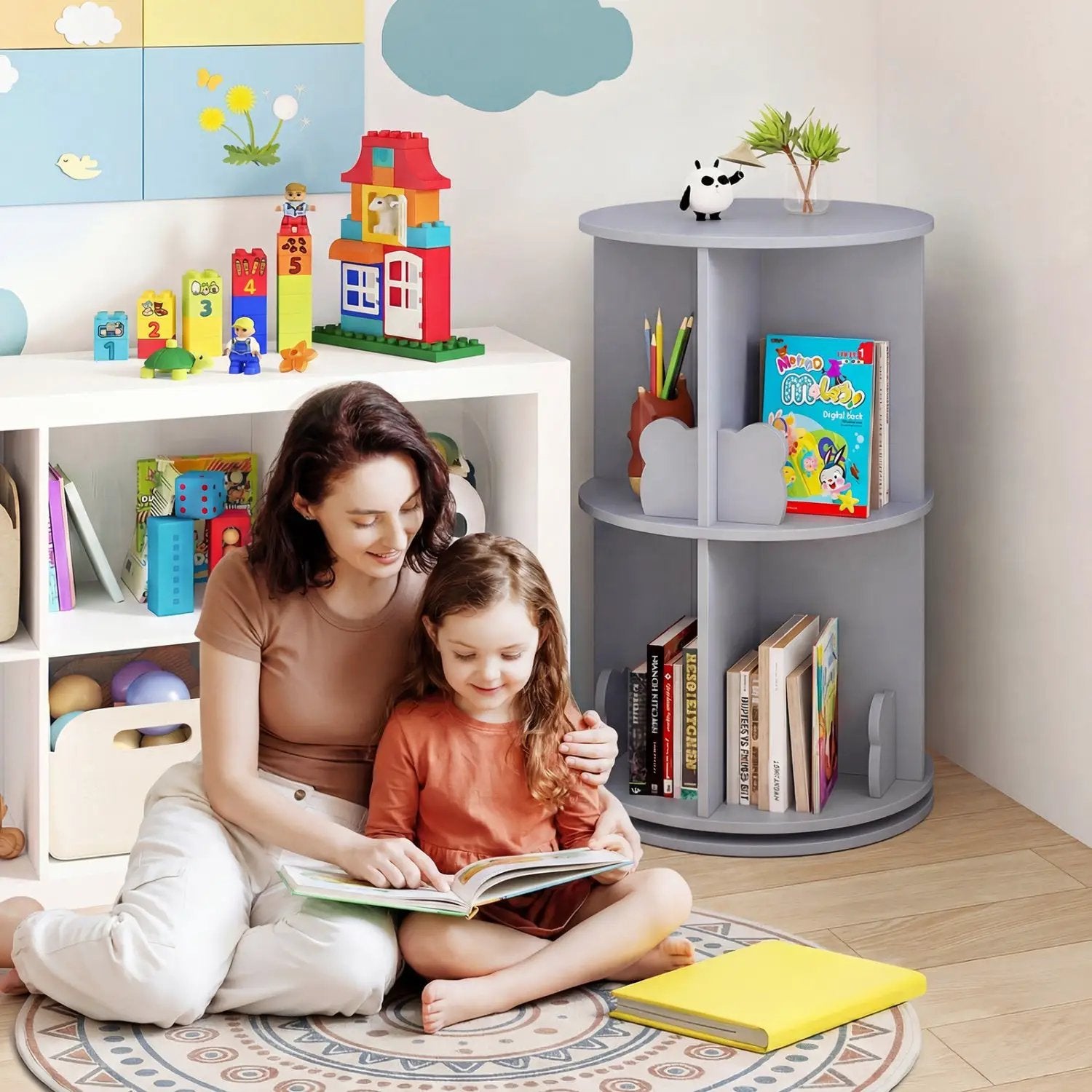 Kids Rotating Bookshelf 2-Tier Storage Rack with Bear Baffles by DirectDeals