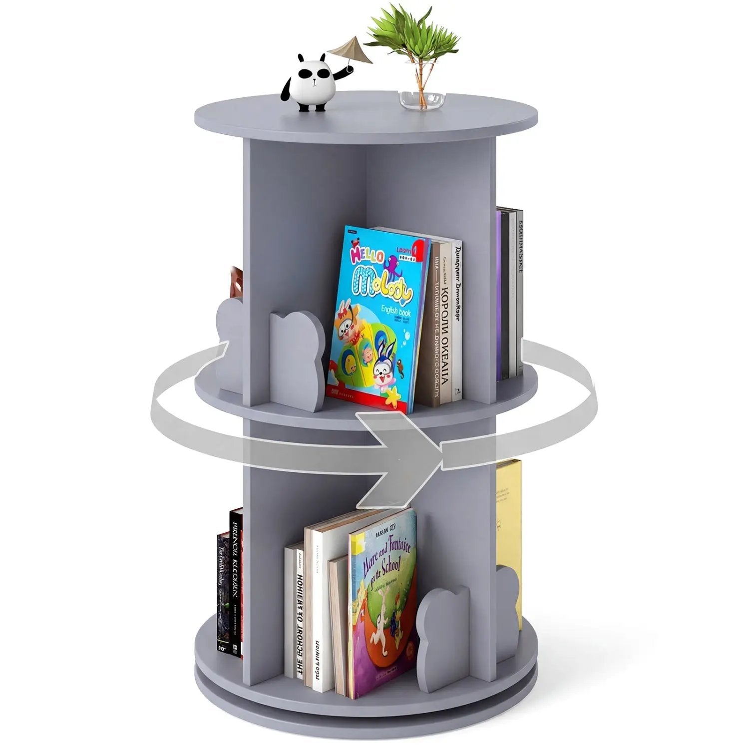 Kids Rotating Bookshelf 2-Tier Storage Rack with Bear Baffles by DirectDeals