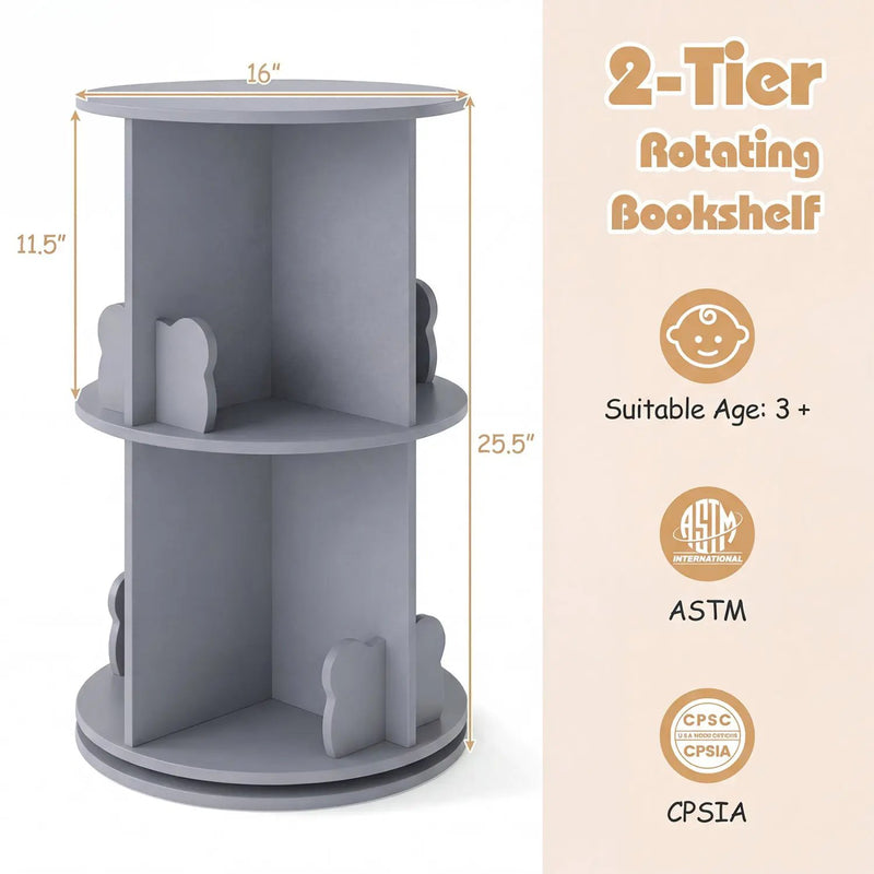 Kids Rotating Bookshelf 2-Tier Storage Rack with Bear Baffles by DirectDeals