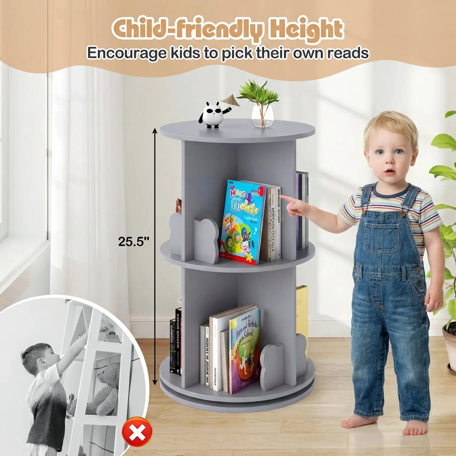 Kids Rotating Bookshelf 2-Tier Storage Rack with Bear Baffles by DirectDeals