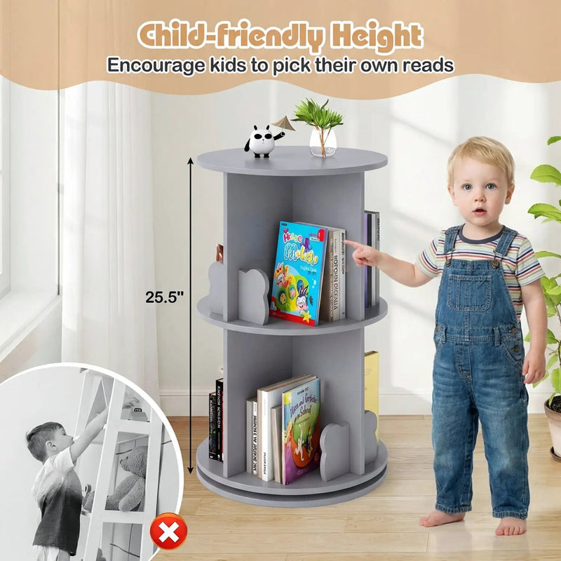 Kids Rotating Bookshelf 2-Tier Storage Rack with Bear Baffles by DirectDeals