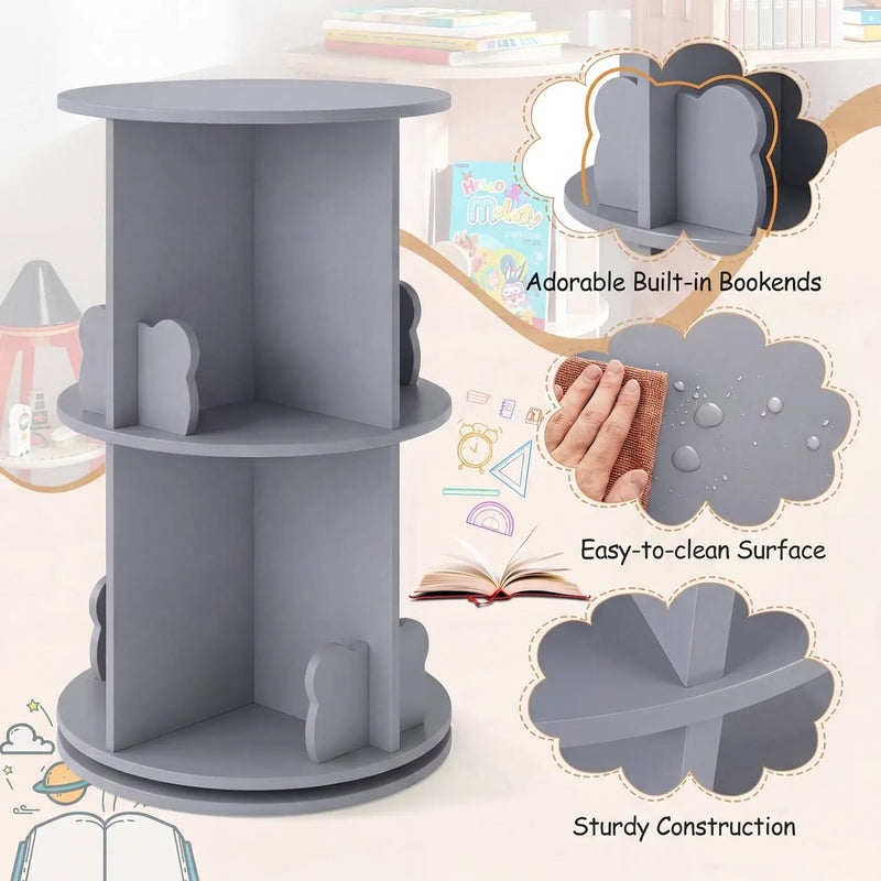 Kids Rotating Bookshelf 2-Tier Storage Rack with Bear Baffles by DirectDeals
