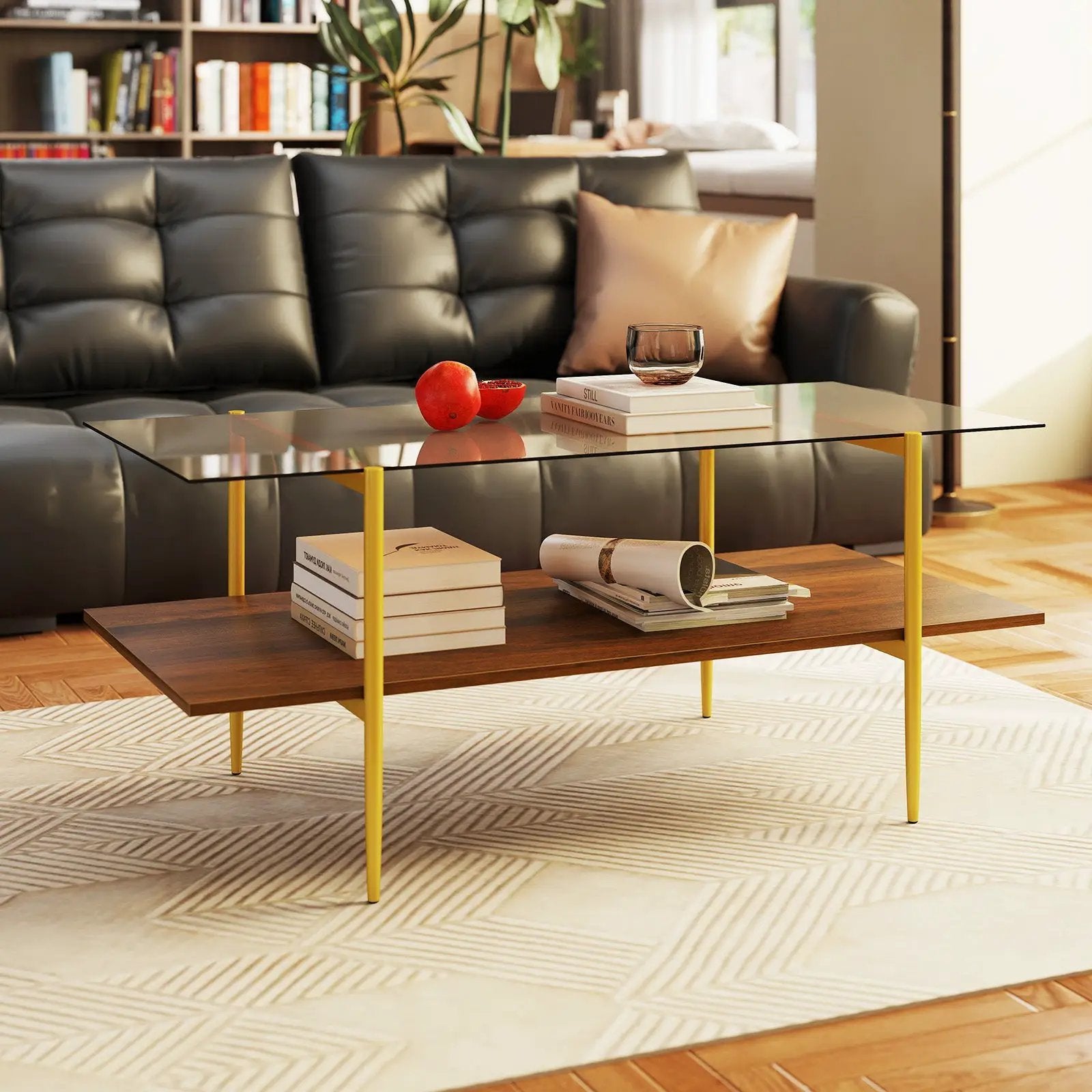 2-Tier Glass Coffee Table with Tampered Glass Tabletop and Open Storage Shelf-Brown by DirectDeals